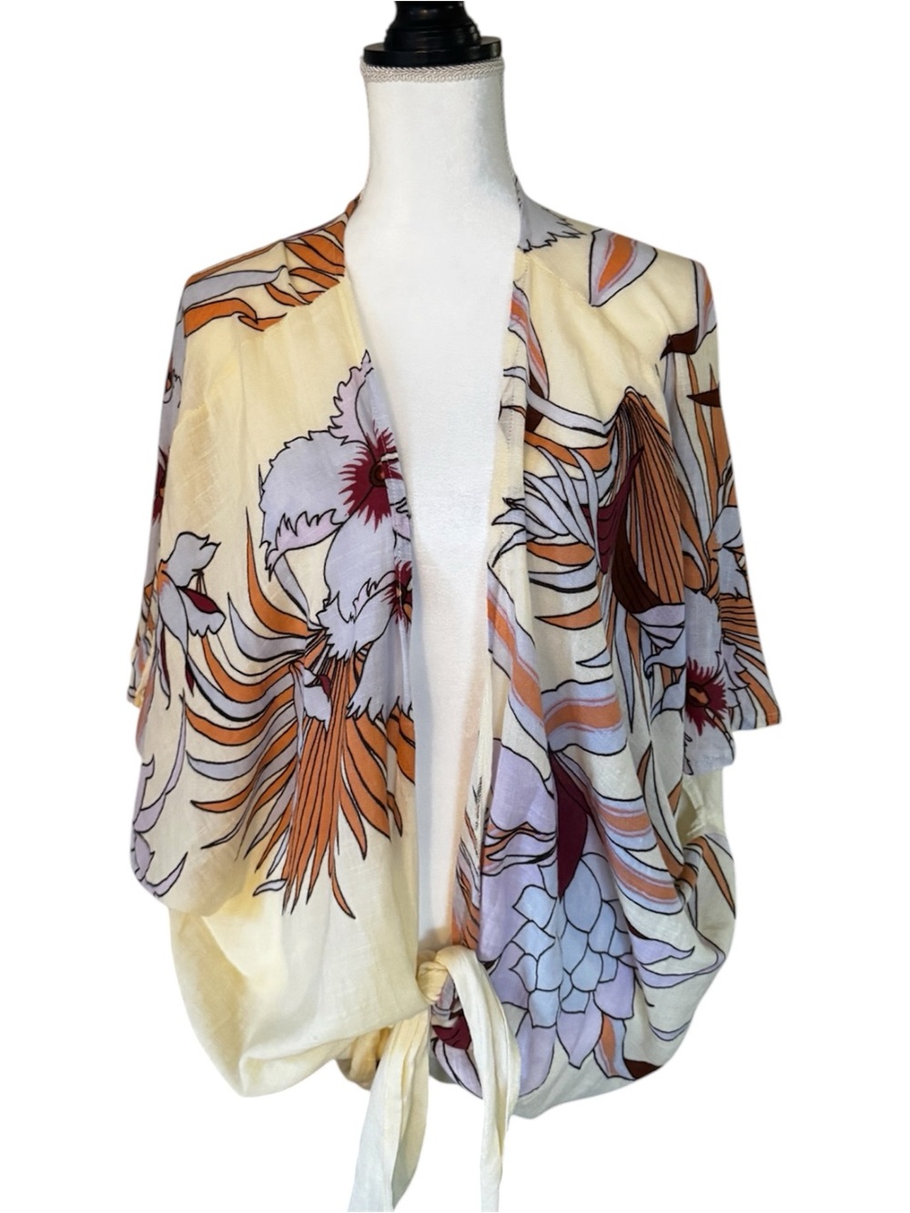 Free People Tie Front Floral Kimono Cardigan Yellow Cream Rayon Cotton One Size